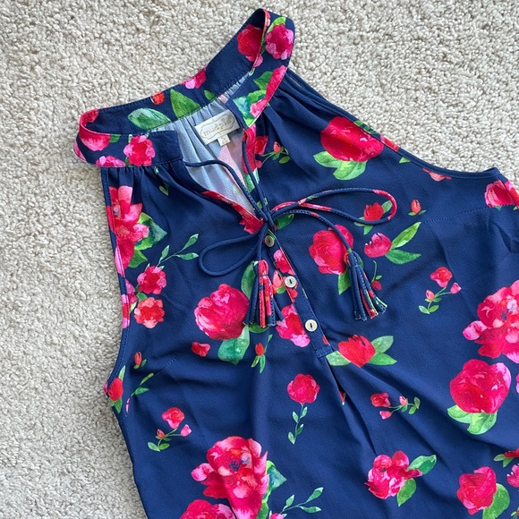 Mud Pie Rose Flower High-Neck Sleeveless Top Size Small, Navy Blue Tassels - Picture 5 of 9